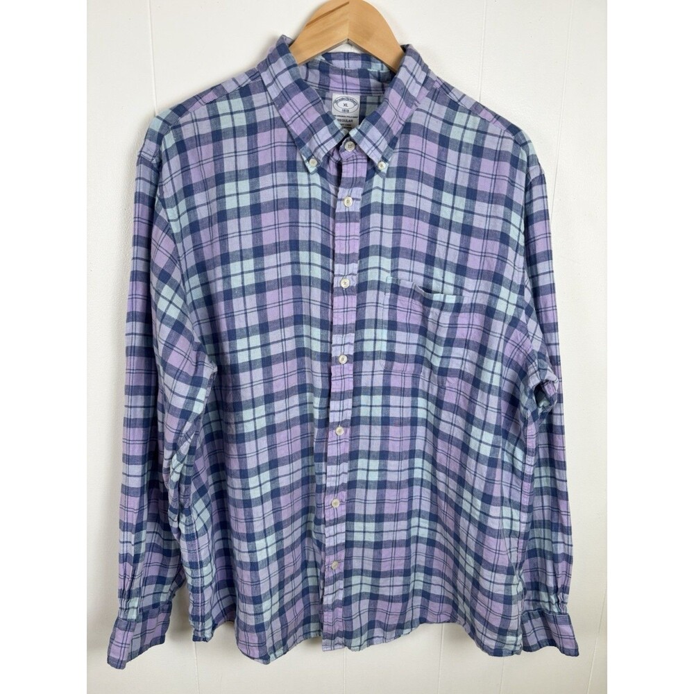 Brooks Brothers 1818 Mens Regular Fit‎ XL Purple Blue Plaid 100% Linen Shirt